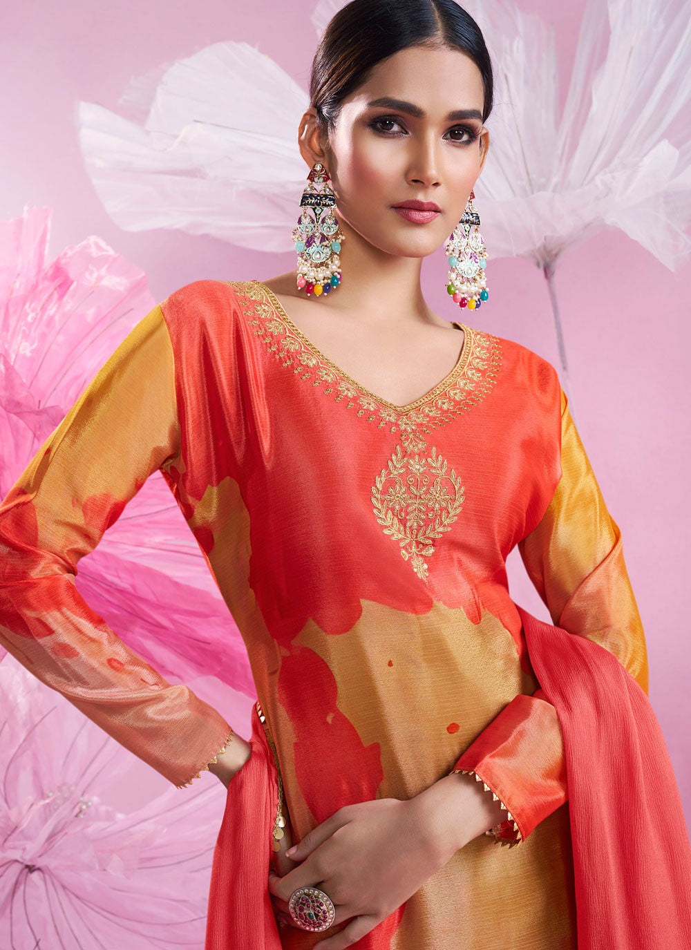 Salwar Suit Embroidered Multi Colour Chinon T5599