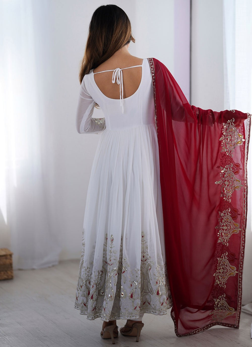 Anarkali Embroidered, Multi Work, Sequins, Thread, Zari White T7578