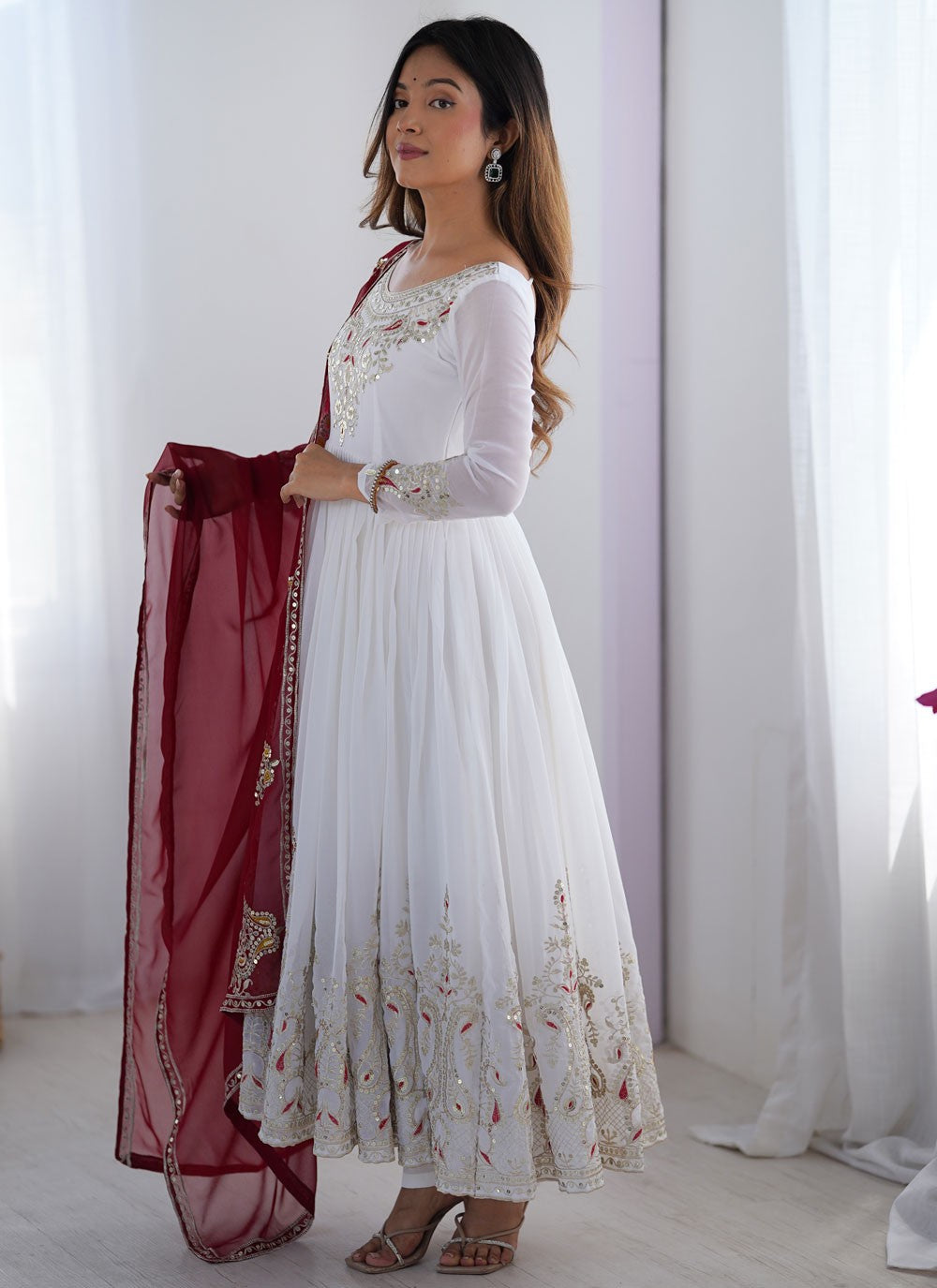 Anarkali Embroidered, Multi Work, Sequins, Thread, Zari White T7578