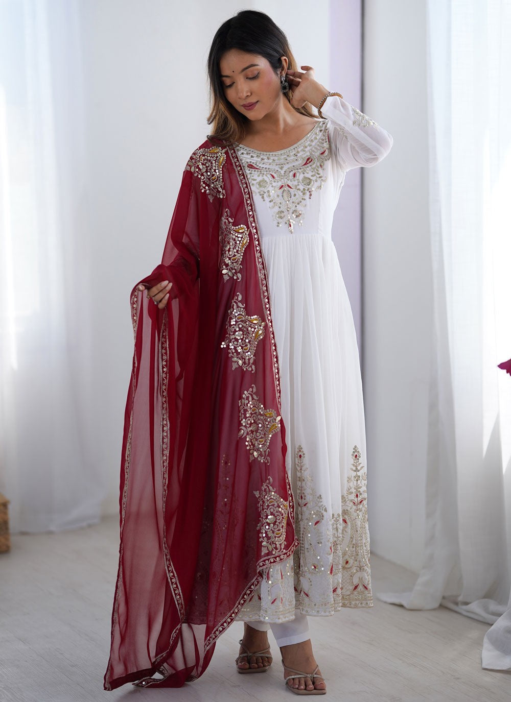 Anarkali Embroidered, Multi Work, Sequins, Thread, Zari White T7578