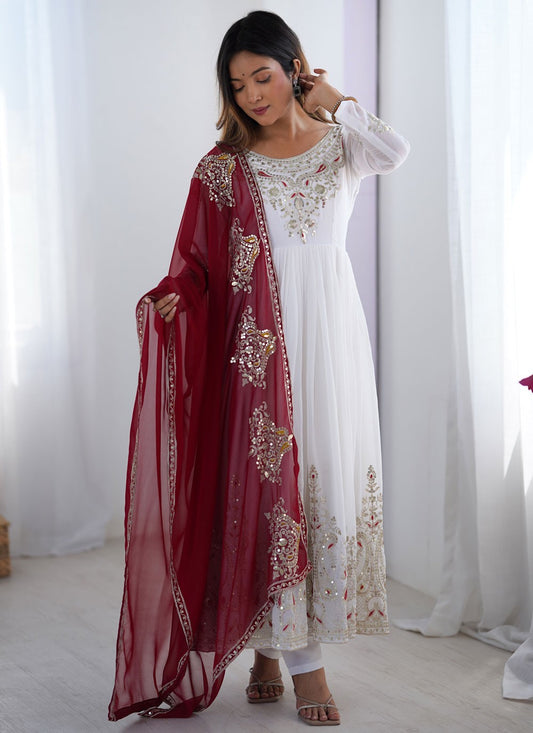 Anarkali Embroidered, Multi Work, Sequins, Thread, Zari White T7578