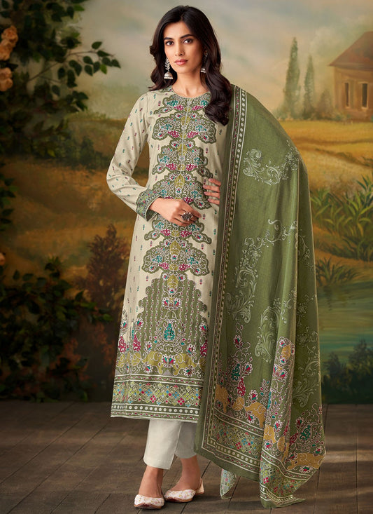 Digital Print Muslin Grey Pant Style Suit T6318
