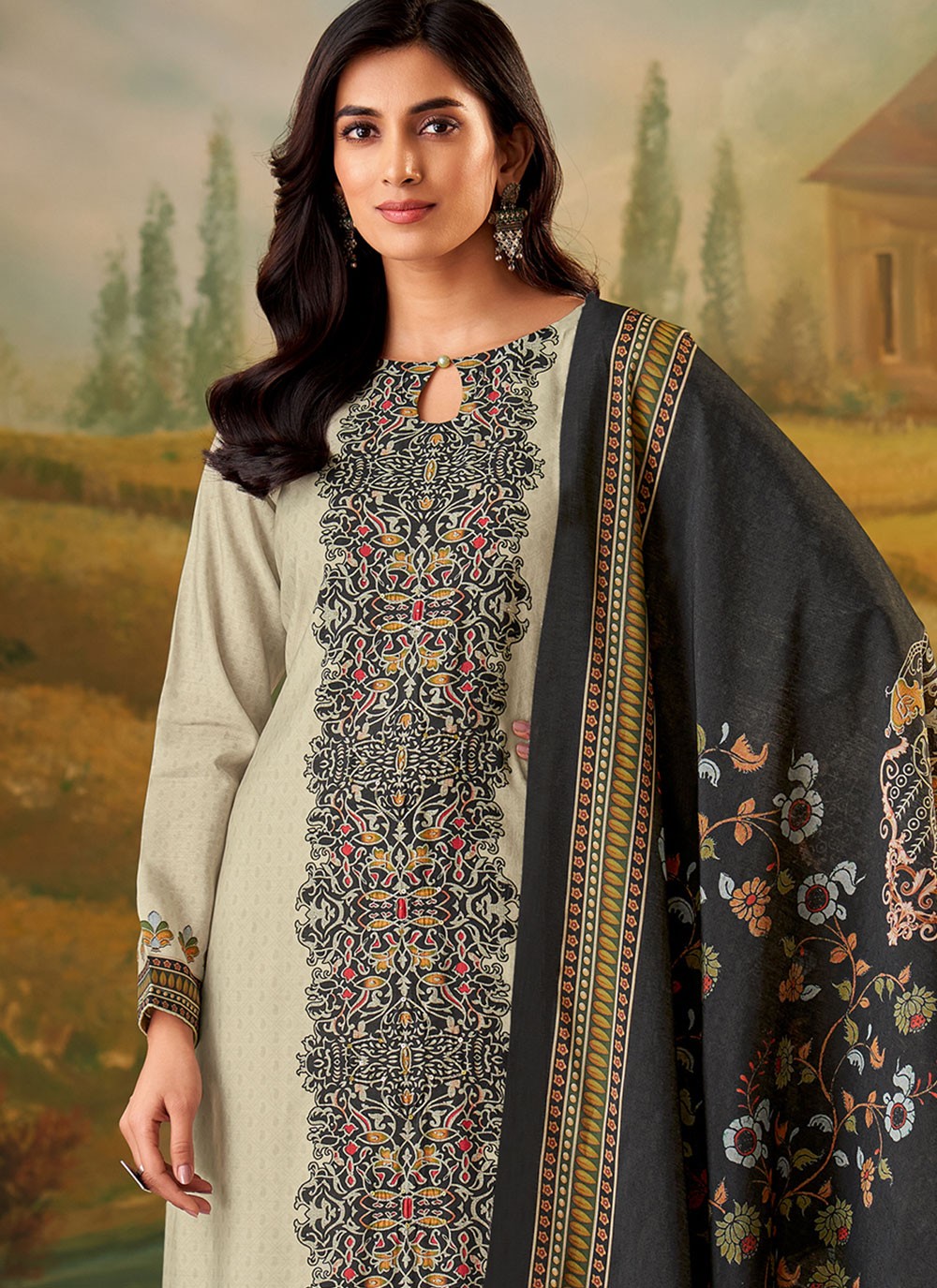 Digital Print Muslin Grey Pant Style Suit T6320
