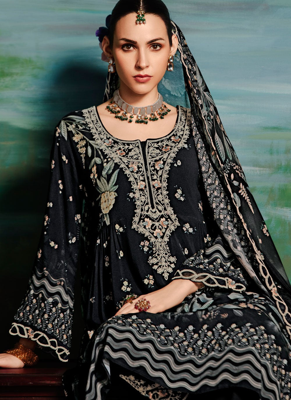 Salwar Suit Digital Print Black Muslin T5786