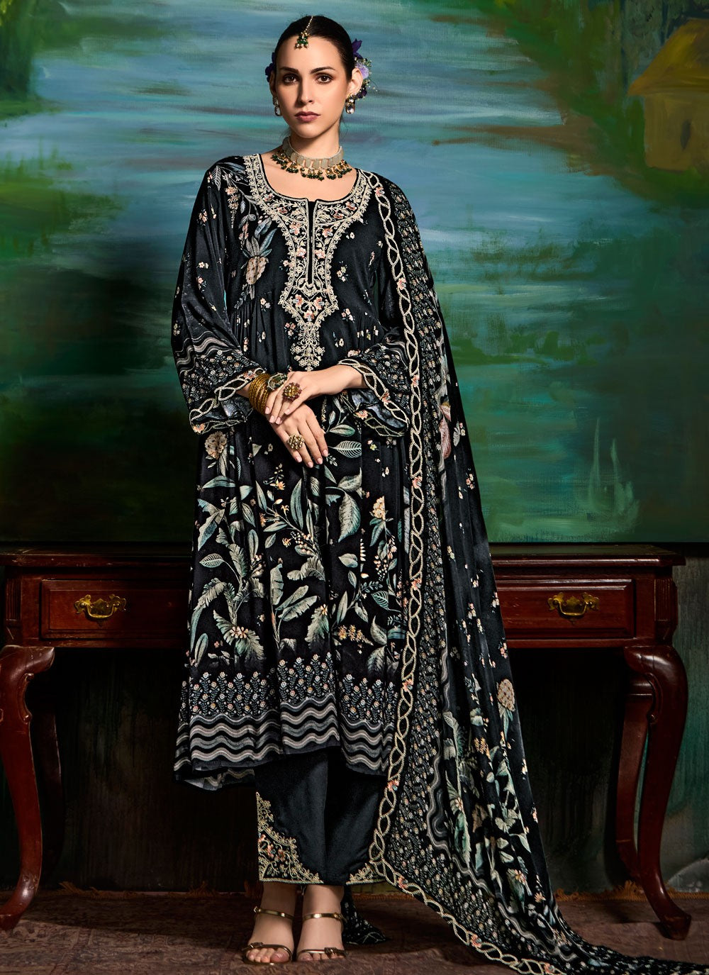 Salwar Suit Digital Print Black Muslin T5786