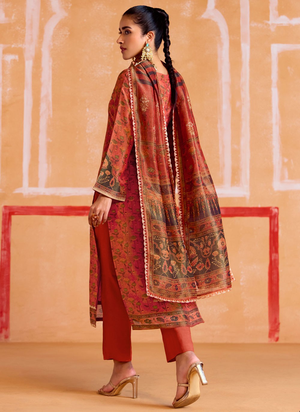 Pant Style Suit Digital Print Rust Muslin T5173