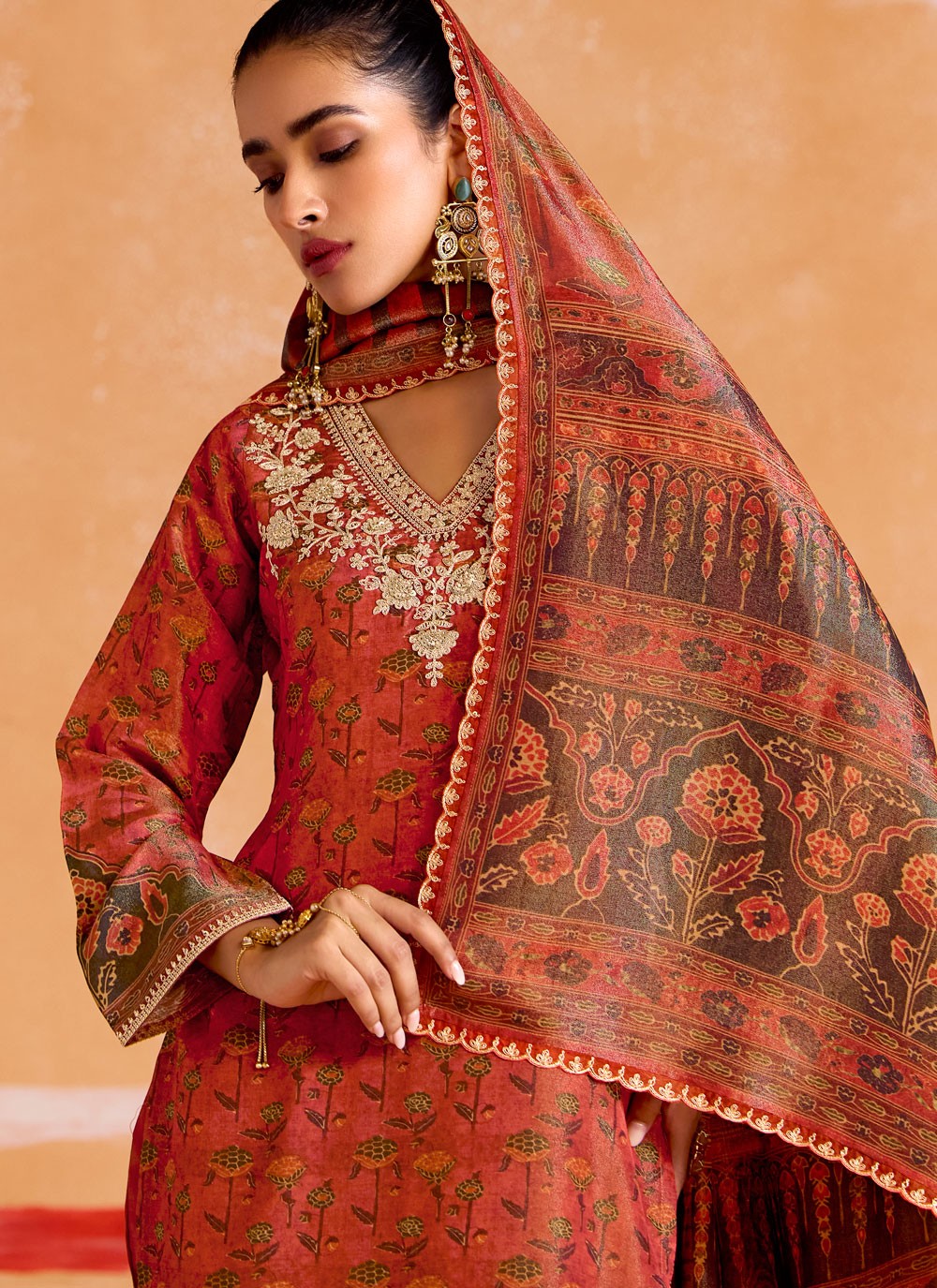 Pant Style Suit Digital Print Rust Muslin T5173