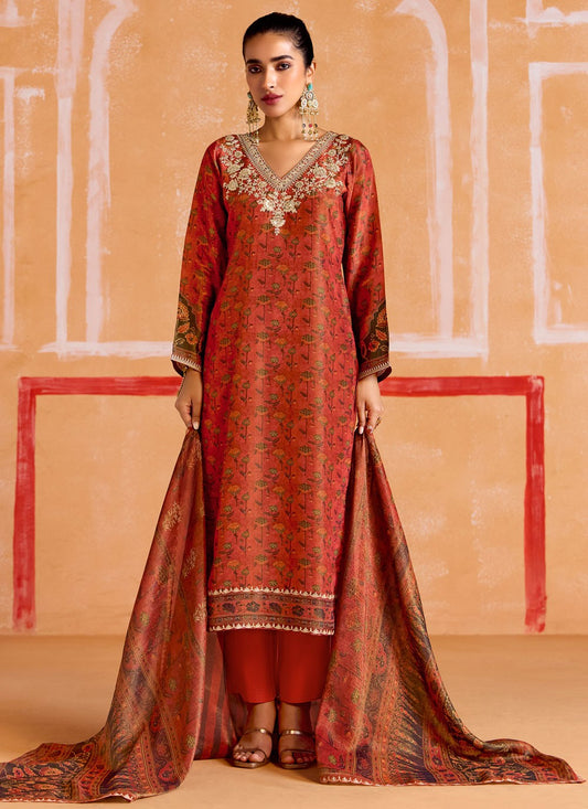 Pant Style Suit Digital Print Rust Muslin T5173