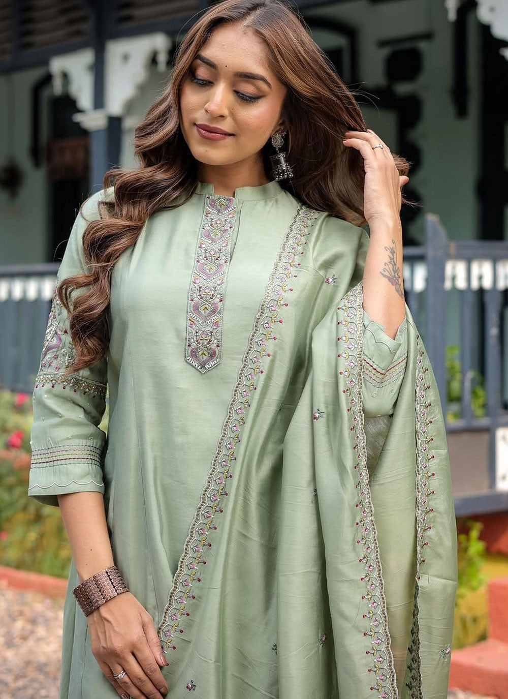 Pant Style Suit Embroidered, Zari Grey T8080