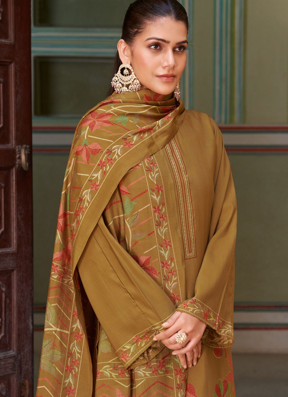 Salwar Suit Embroidered Brown Muslin T5182