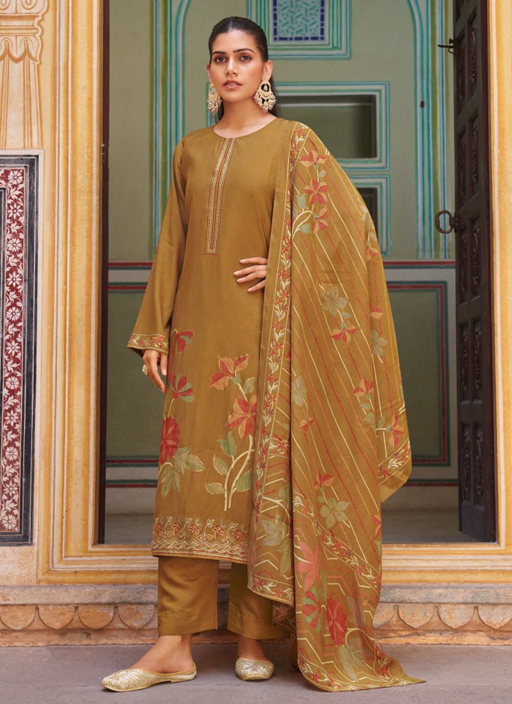 Salwar Suit Embroidered Brown Muslin T5182