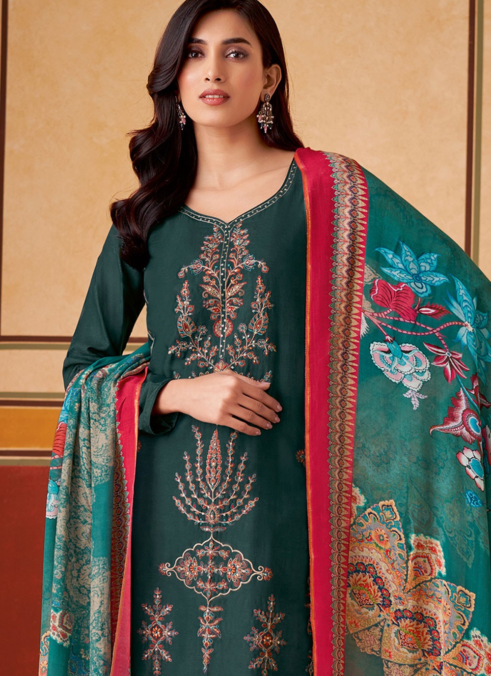 Embroidered Muslin Green Pant Style Suit T6312