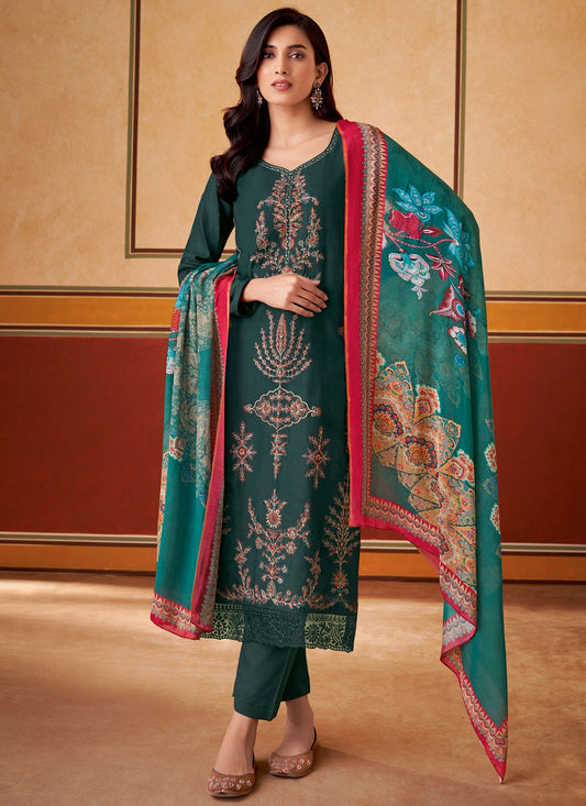Embroidered Muslin Green Pant Style Suit T6312