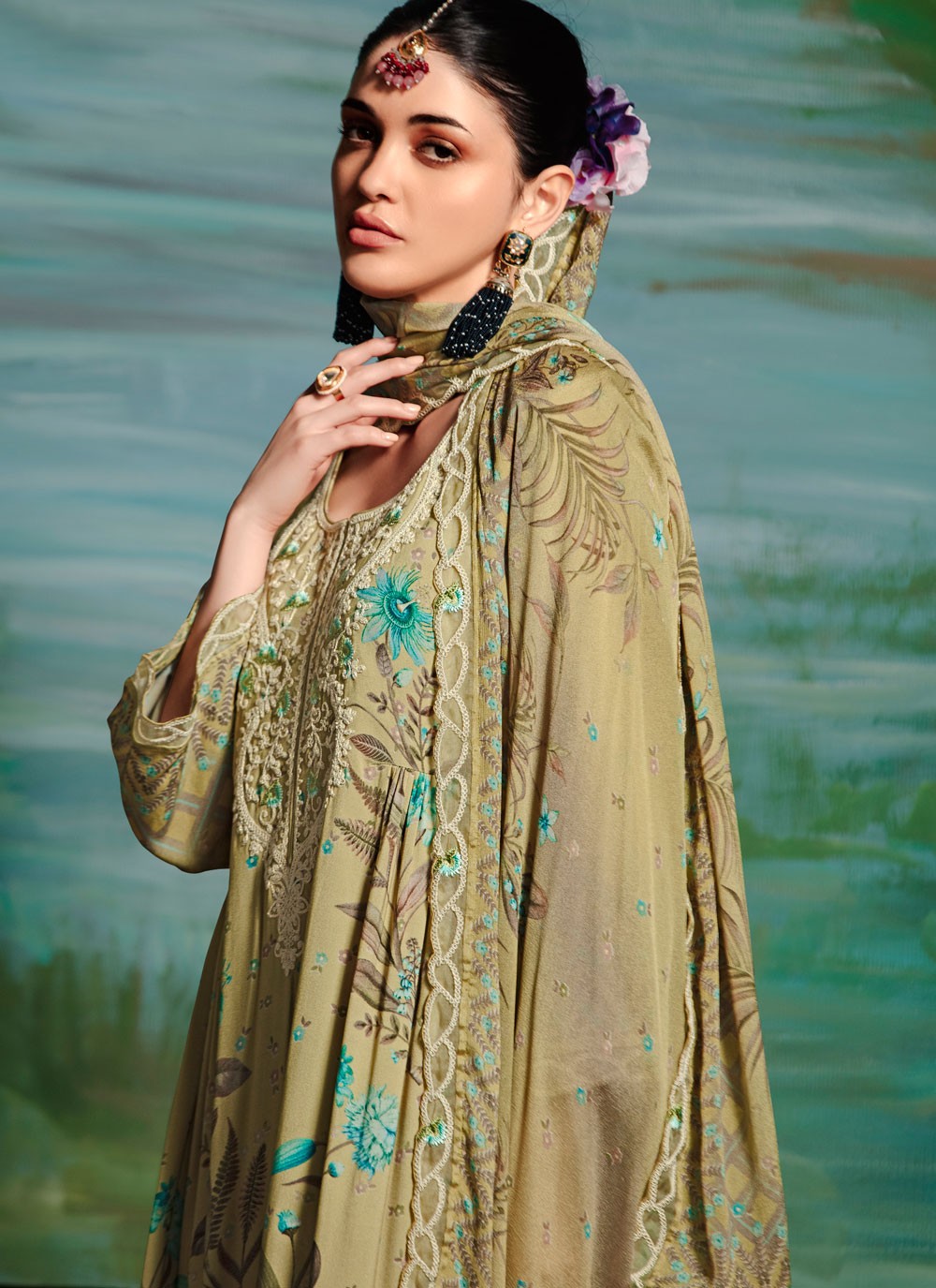 Salwar Suit Digital Print Green Muslin T5791