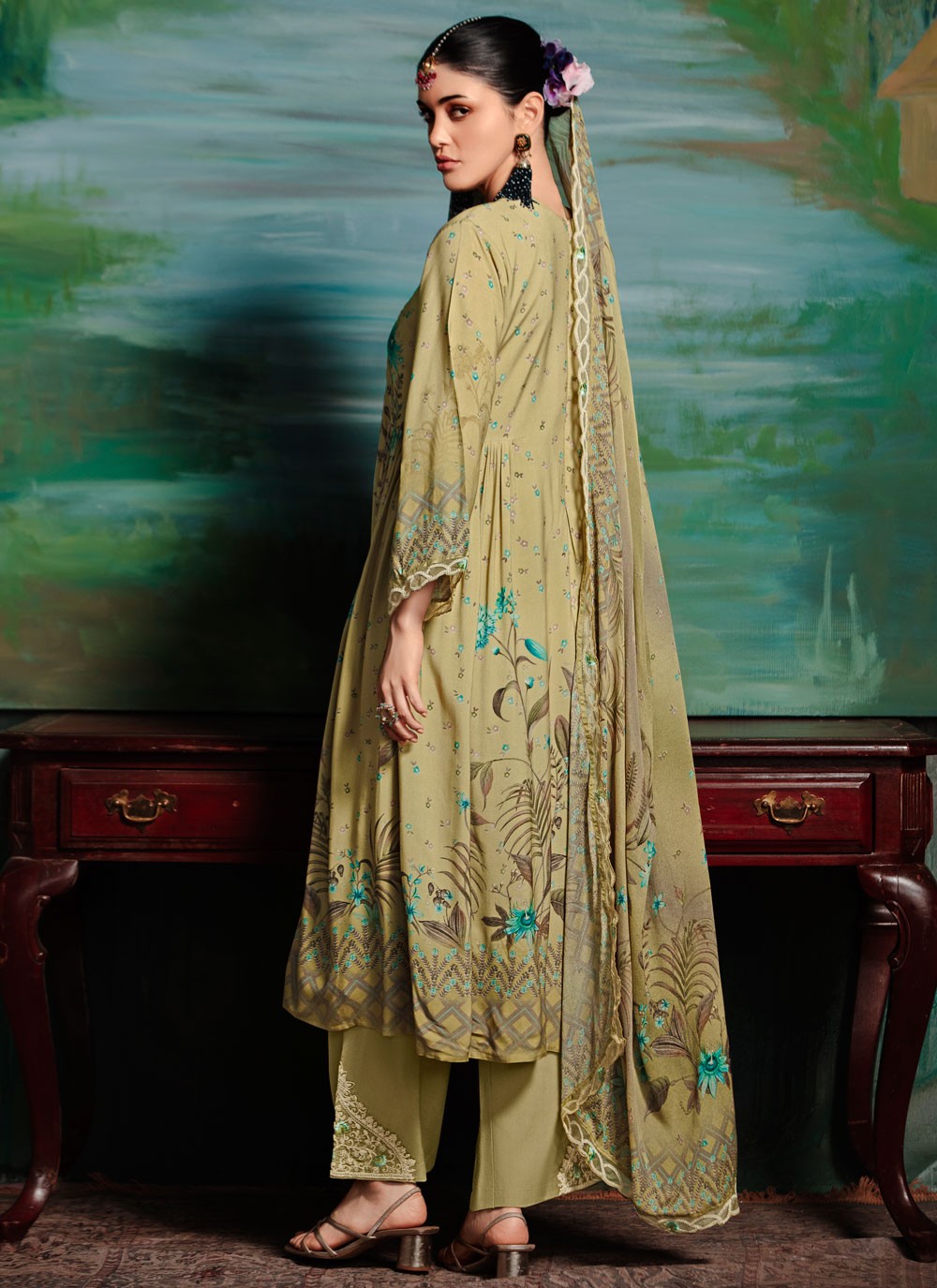 Salwar Suit Digital Print Green Muslin T5791