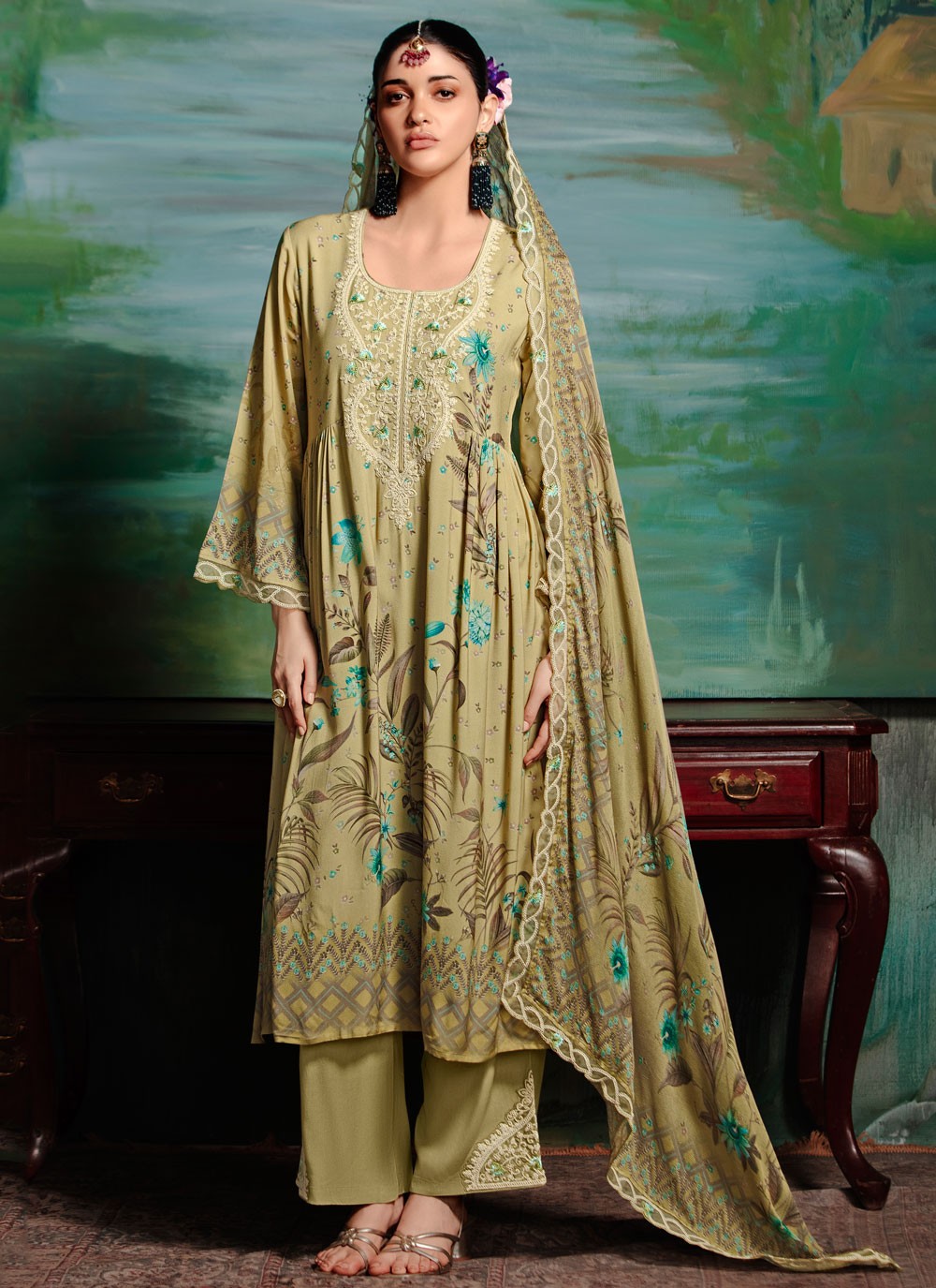 Salwar Suit Digital Print Green Muslin T5791