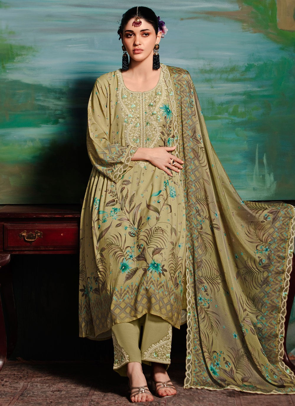 Salwar Suit Digital Print Green Muslin T5791
