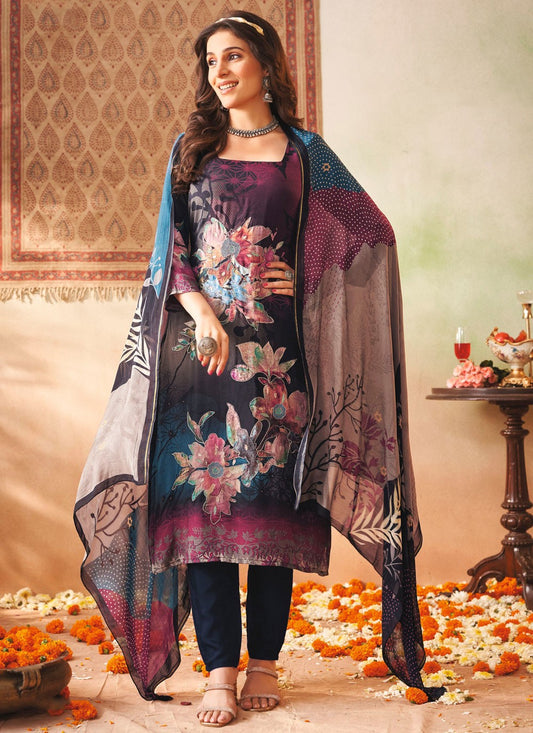 Pant Style Suit Digital Print Navy Blue Muslin T5490