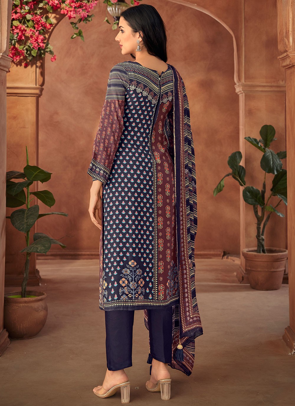 Digital Print Muslin Navy Blue Pant Style Suit T6375
