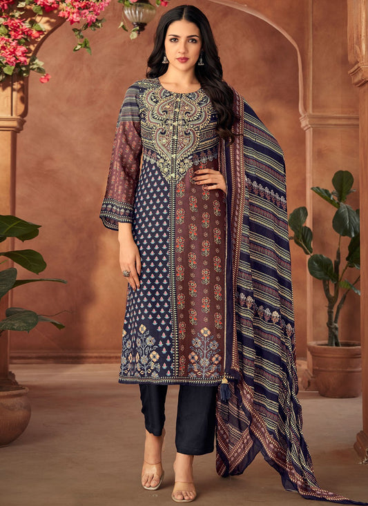 Digital Print Muslin Navy Blue Pant Style Suit T6375