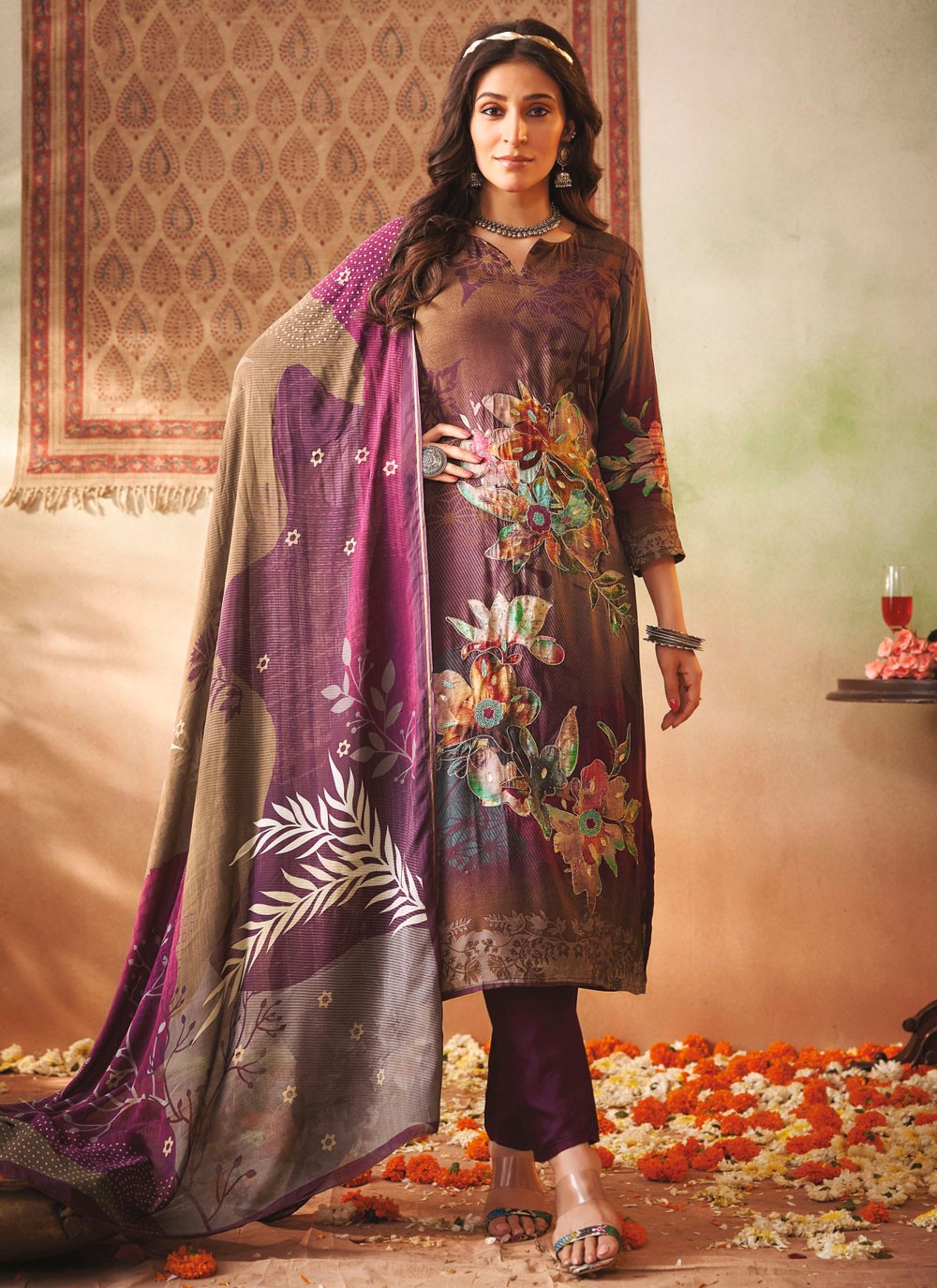 Salwar Suit Digital Print Purple Muslin T5488