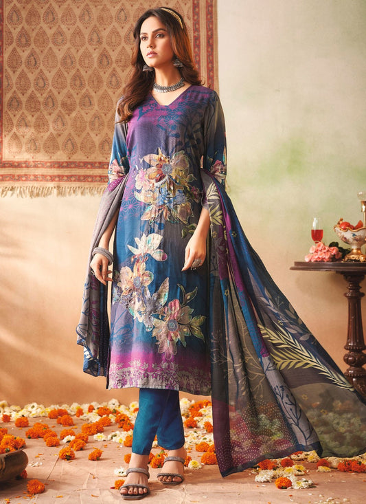 Salwar Suit Digital Print Blue Muslin T5487