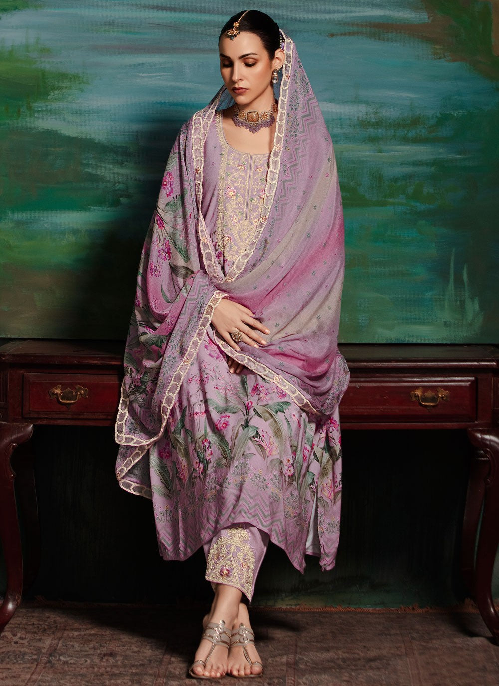 Salwar Suit Digital Print Lavender Muslin T5790