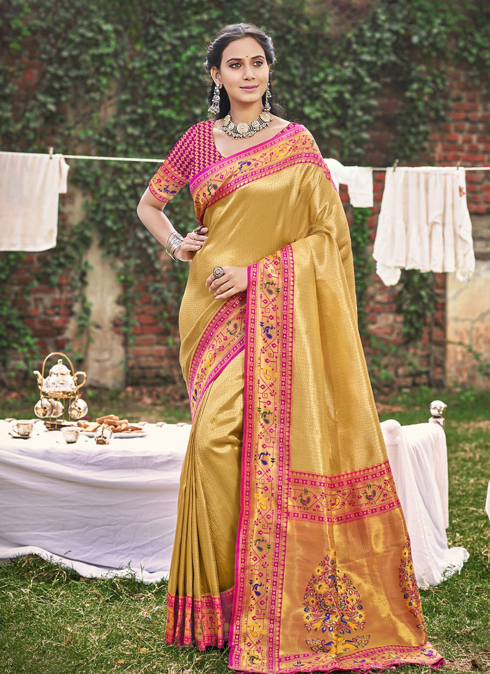 Trendy Saree Weaving Zari Mustard, Pink Silk Saree S12804