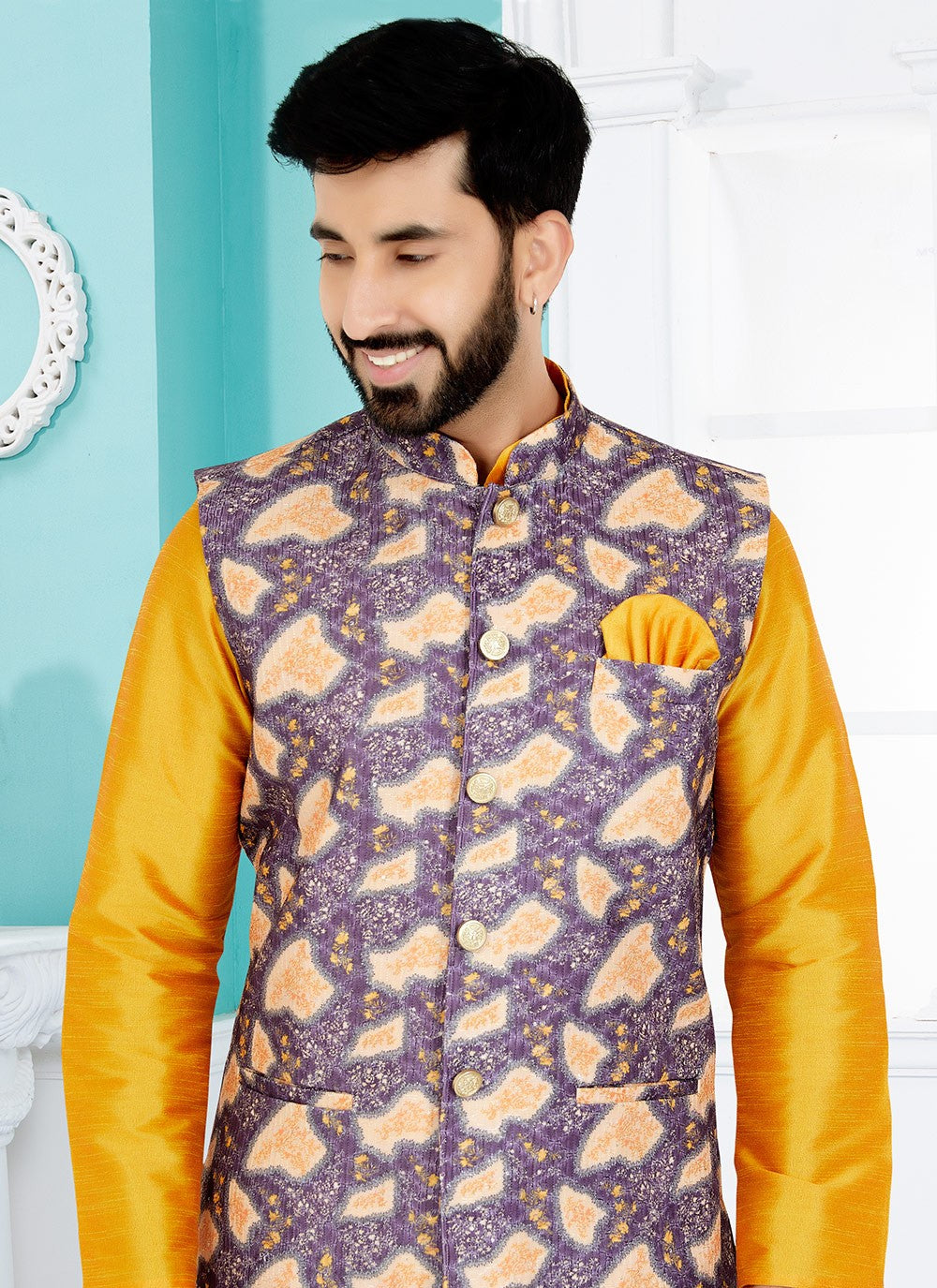 Digital Print Cotton , Dupion Silk Mustard, Purple Kurta Payjama With Jacket - M5520