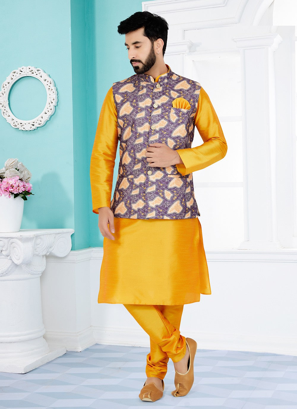 Digital Print Cotton , Dupion Silk Mustard, Purple Kurta Payjama With Jacket - M5520