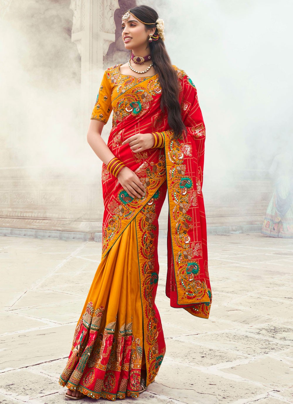 Embroidered Silk Mustard Contemporary Saree S15348