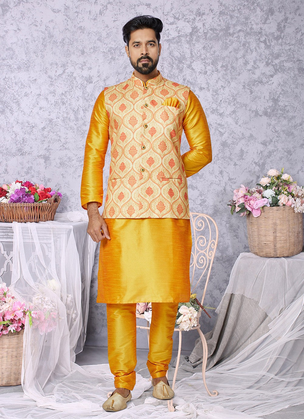 Digital Print Cotton , Dupion Silk Mustard, Yellow Kurta Payjama With Jacket - M5525