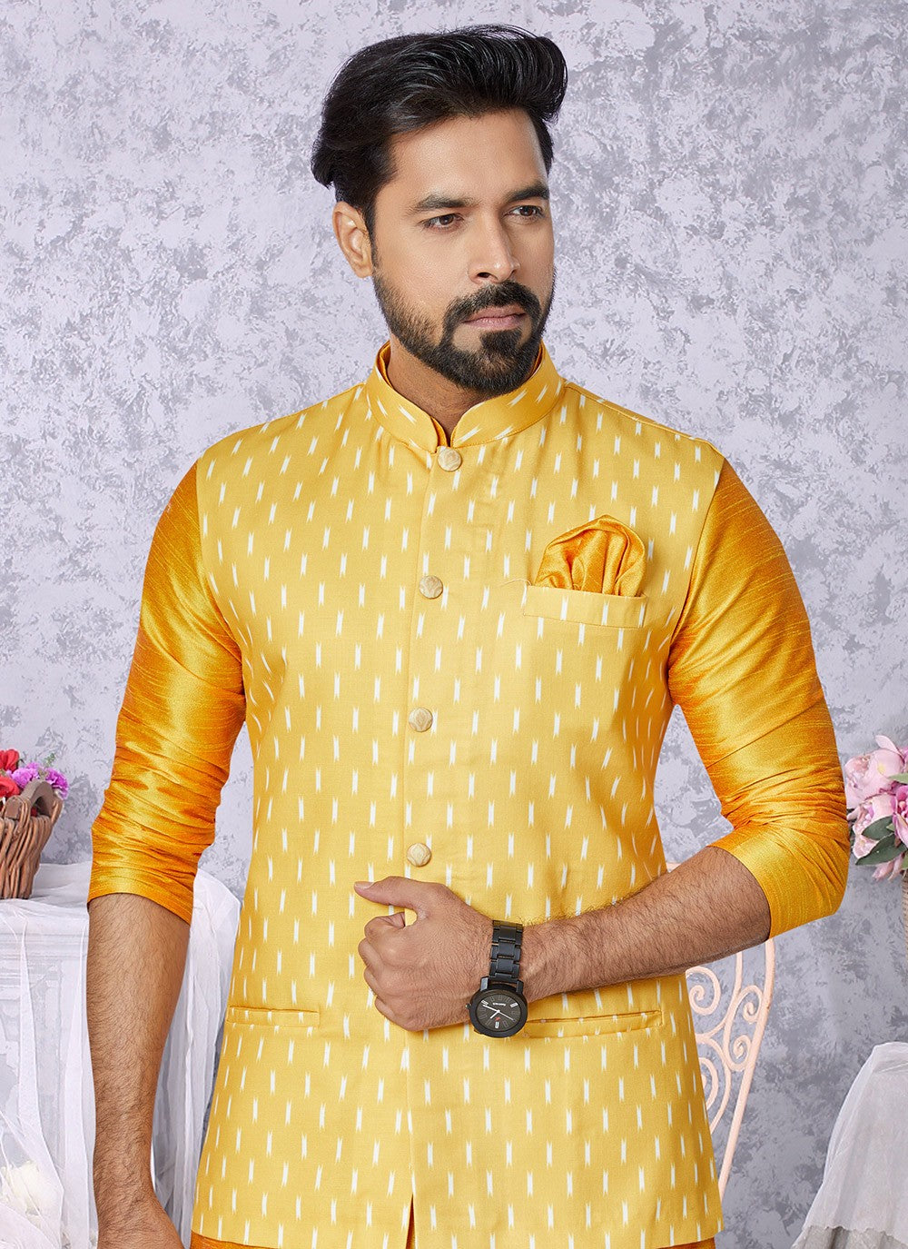 Digital Print Cotton , Dupion Silk Mustard, Yellow Kurta Payjama With Jacket - M5531