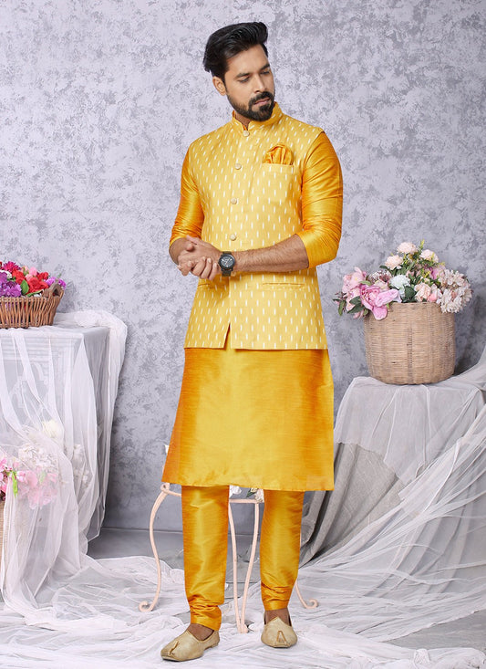 Digital Print Cotton , Dupion Silk Mustard, Yellow Kurta Payjama With Jacket - M5531