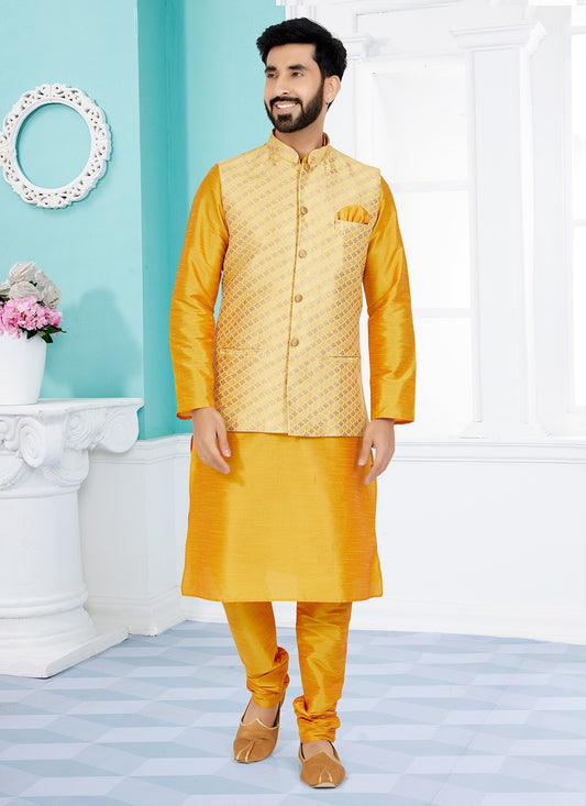 Fancy Work Jacquard Mustard, Yellow Kurta Payjama With Jacket - M5512