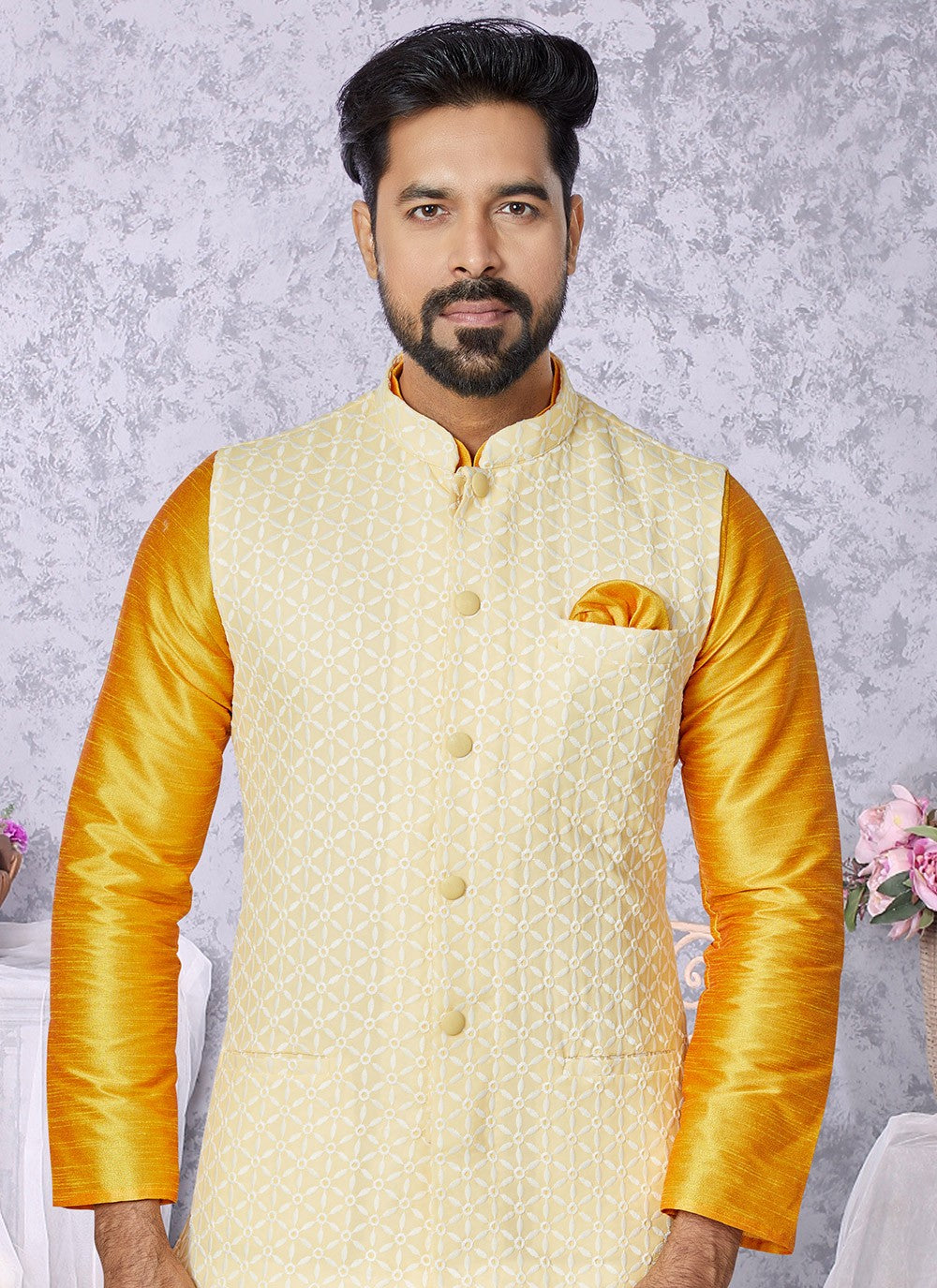 Resham Thread Work Dupion Silk, Viscose Mustard, Yellow Kurta Payjama With Jacket - M5475