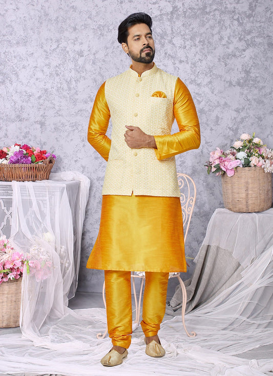 Resham Thread Work Dupion Silk, Viscose Mustard, Yellow Kurta Payjama With Jacket - M5475