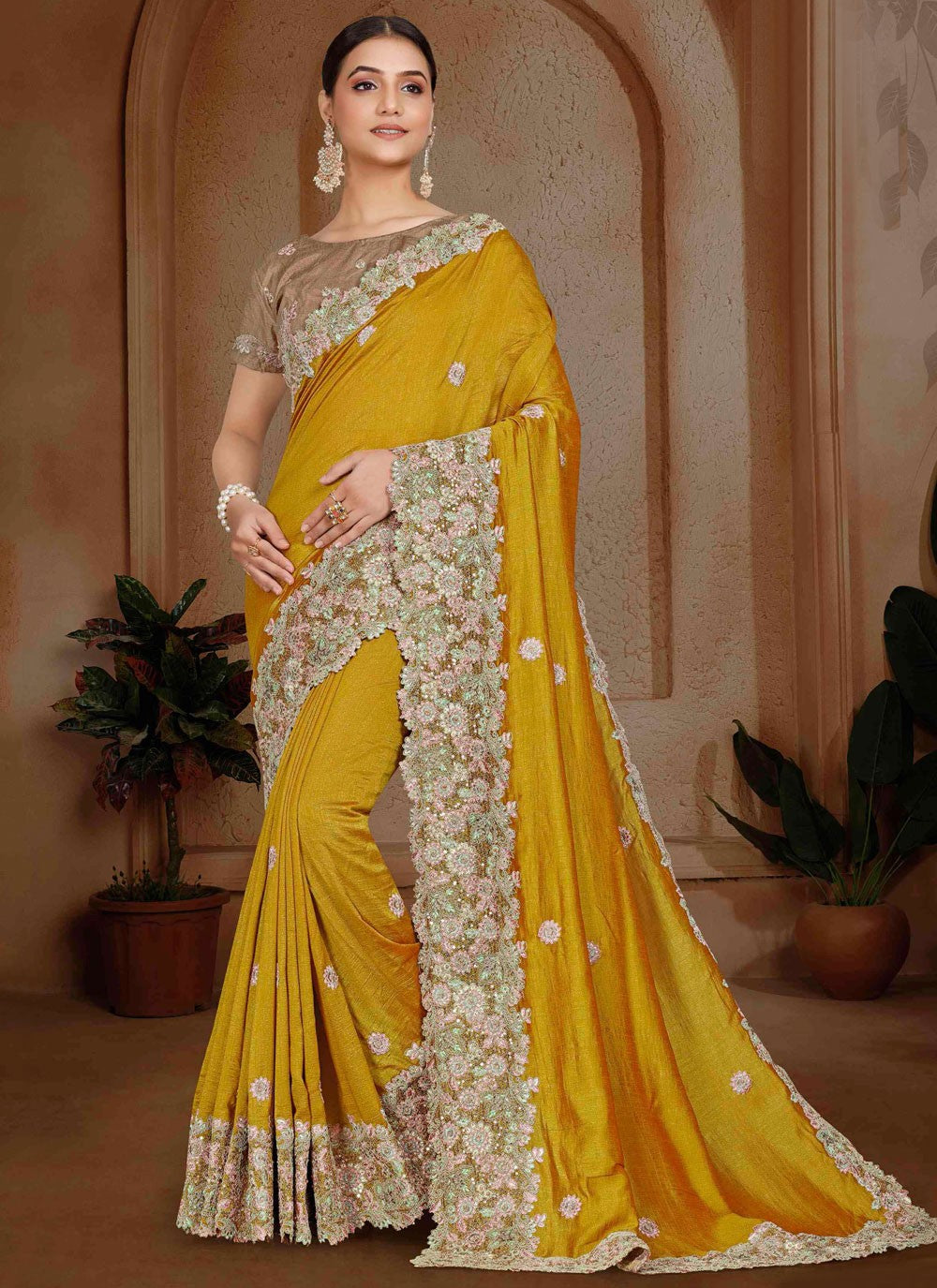 Border Work, Cut Work, Embroidered, Moti, Stones Art Silk Saree - S12121