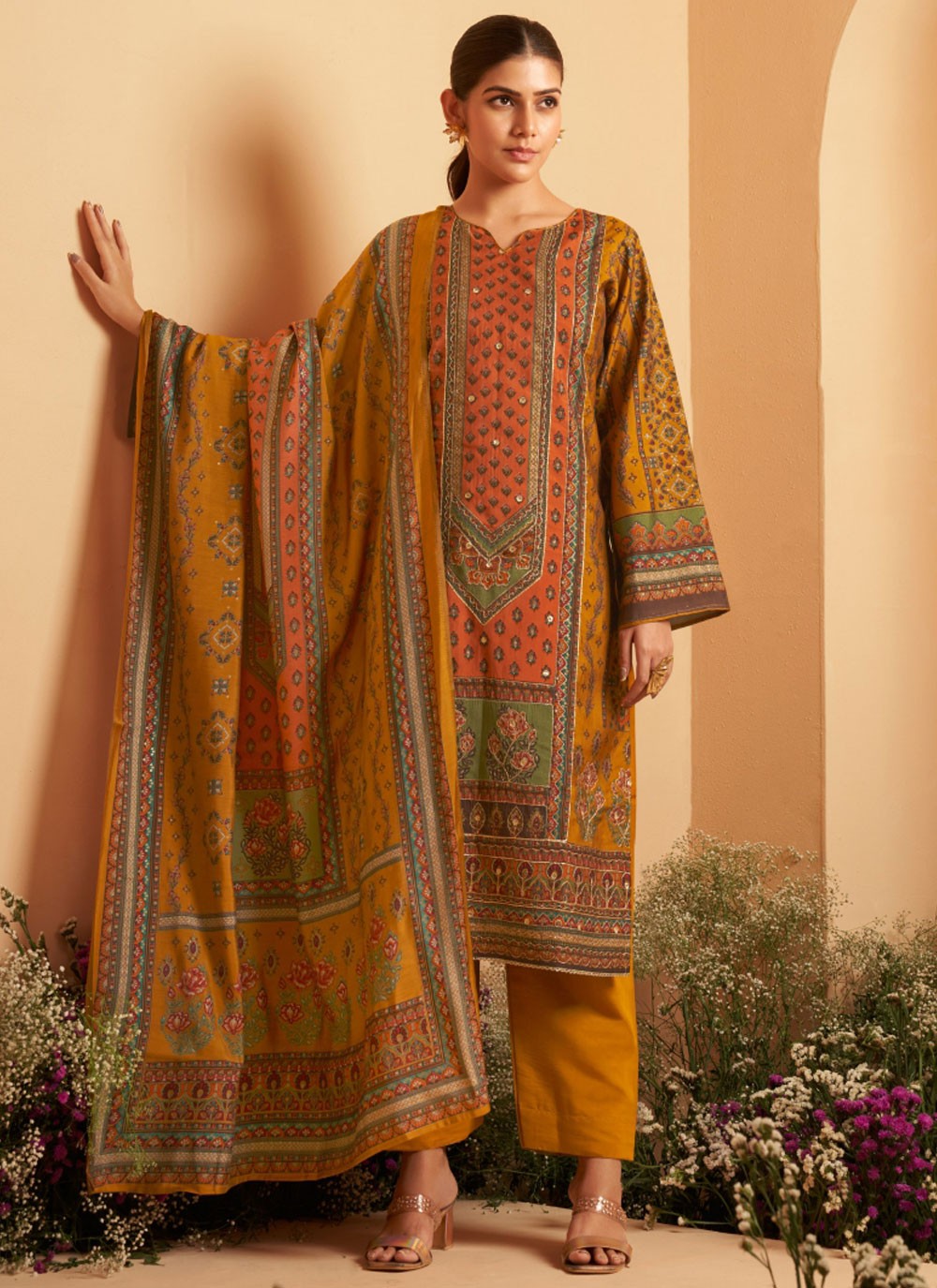Salwar Suit Embroidered Mustard Muslin T5179