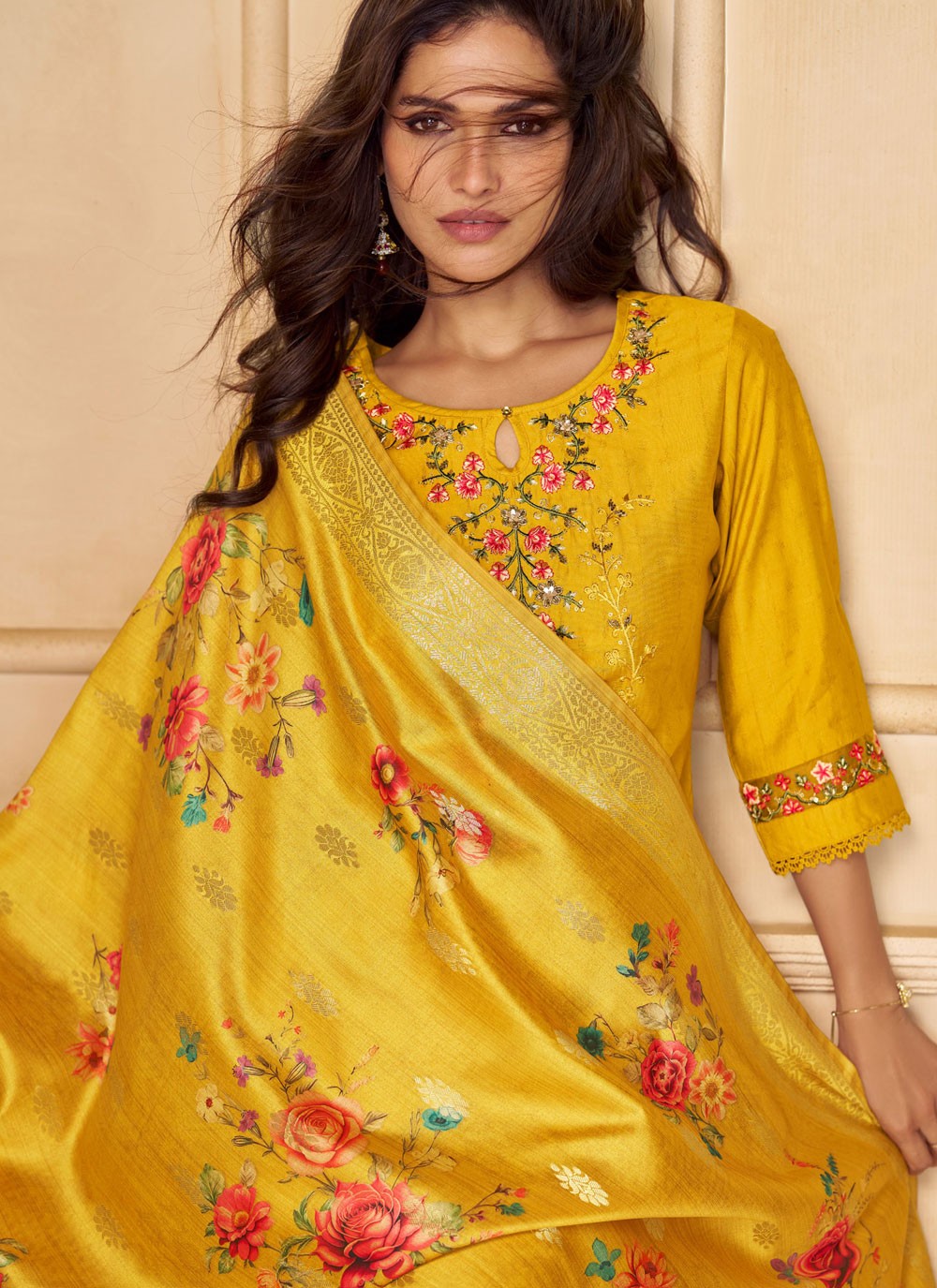 Pant Style Suit Floral Printed Mustard T7822