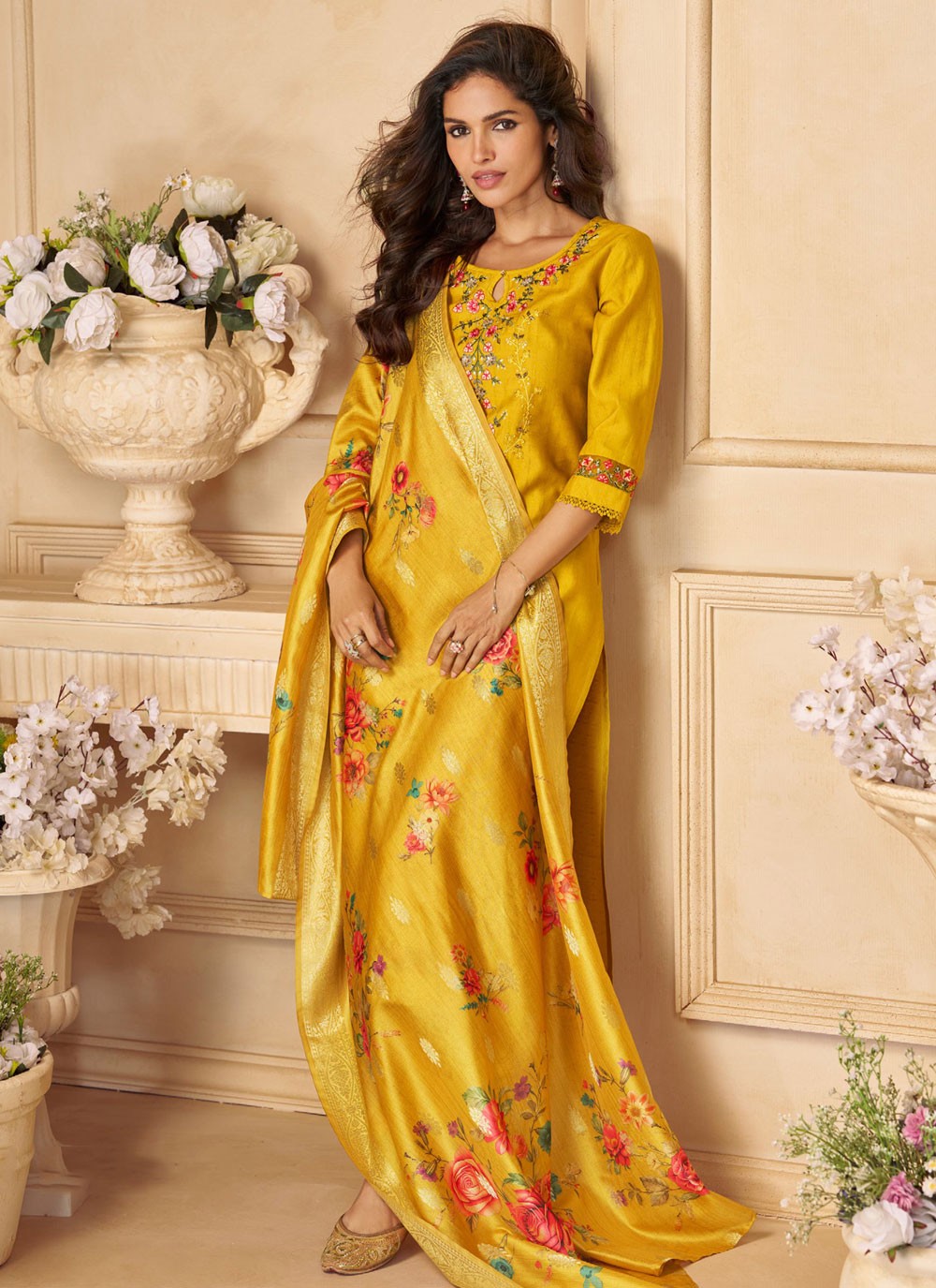 Pant Style Suit Floral Printed Mustard T7822