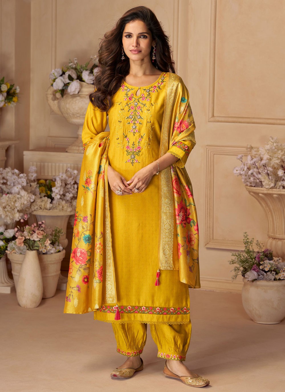 Pant Style Suit Floral Printed Mustard T7822