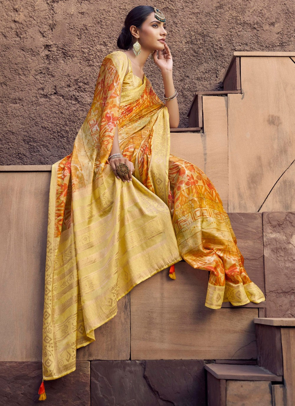 Mustard Jacquard Traditional Saree Digital Print S20345