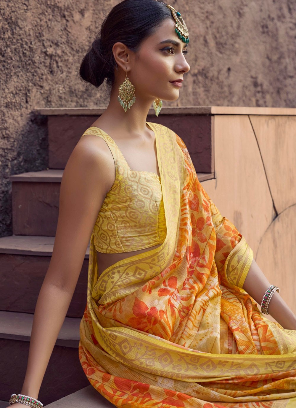 Mustard Jacquard Traditional Saree Digital Print S20345