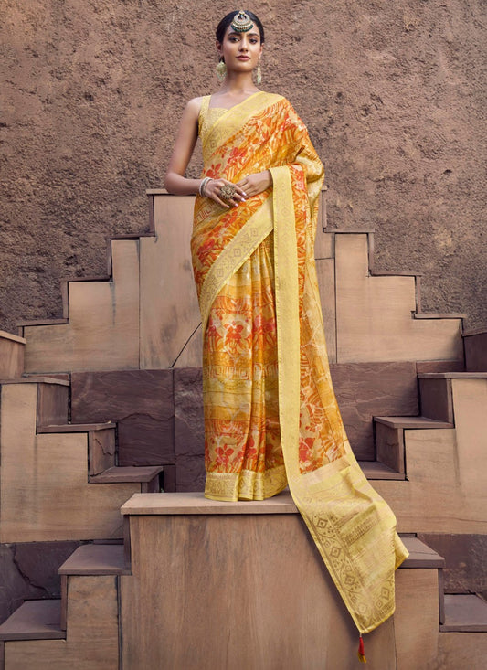Mustard Jacquard Traditional Saree Digital Print S20345