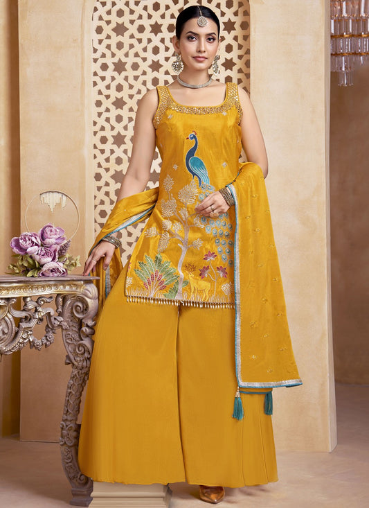 Pant Style Suit Embroidered, Zari Mustard T8256