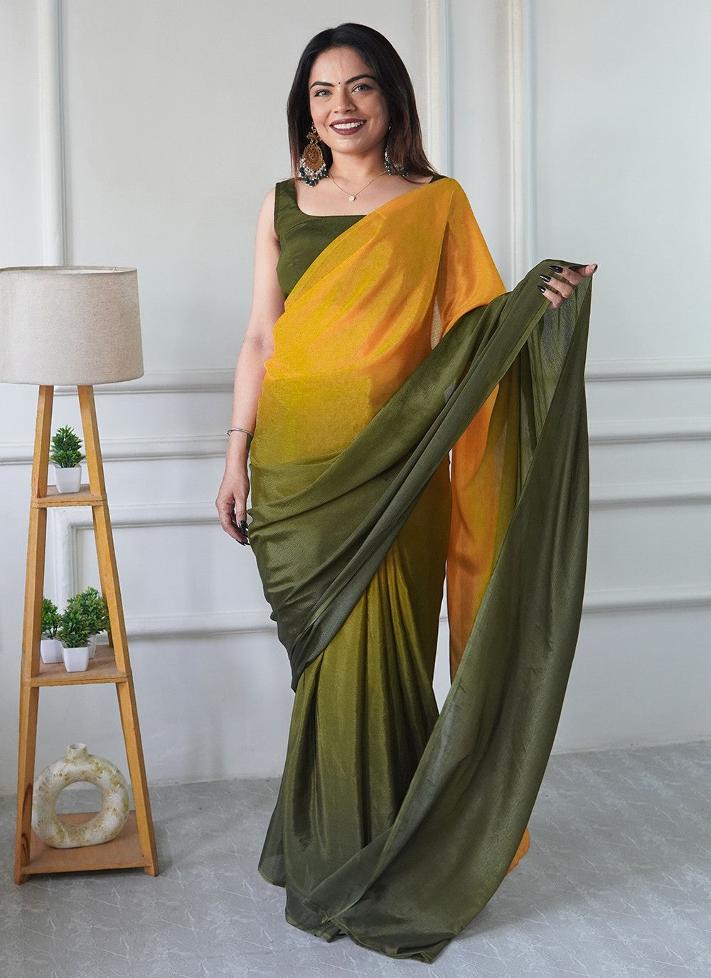 Mustard Chinon Classic Saree Plain S16503