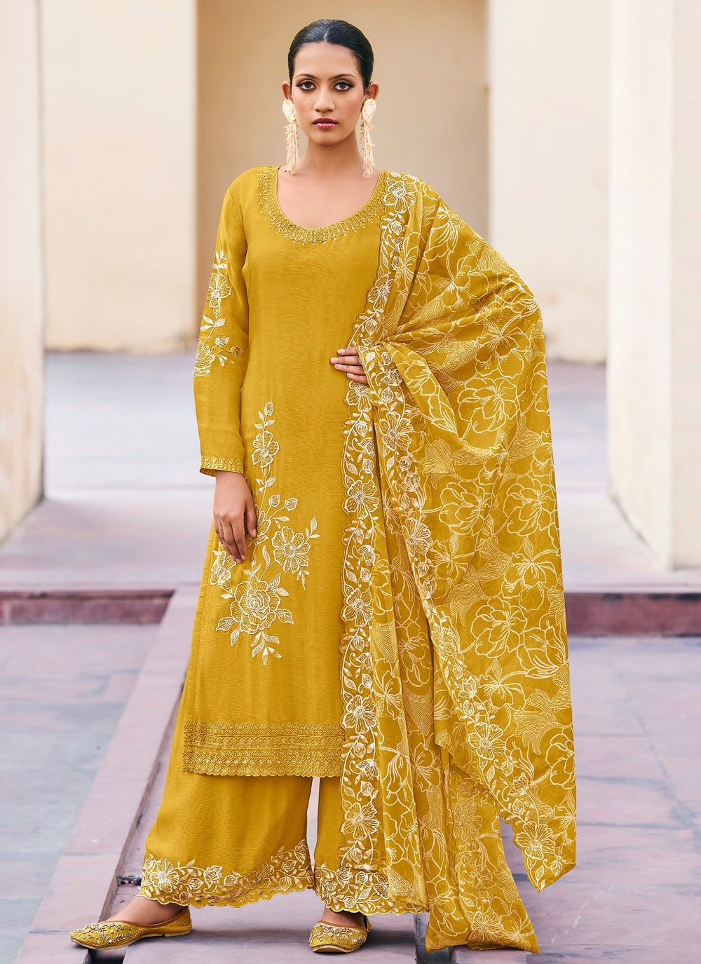 Palazzo Suit Embroidered Mustard T7669