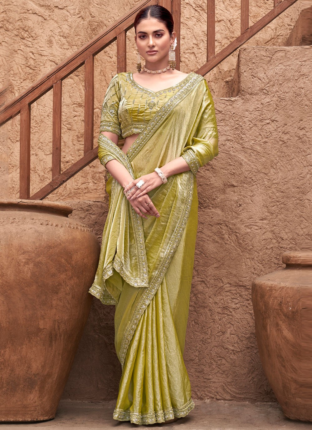 Classic Saree Embroidered Mustard Satin Silk Saree S13259