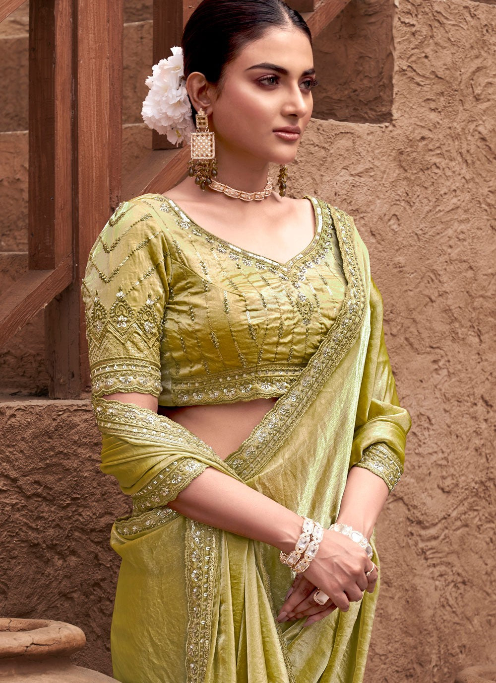 Classic Saree Embroidered Mustard Satin Silk Saree S13259
